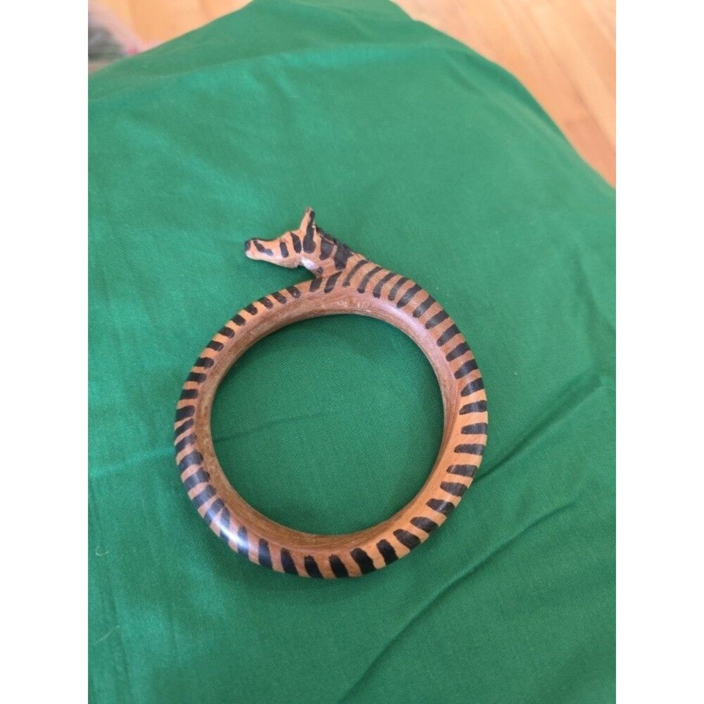 Vintage Hand Carved Brown Black Wooden Zebra Bangle Statement Bracelet